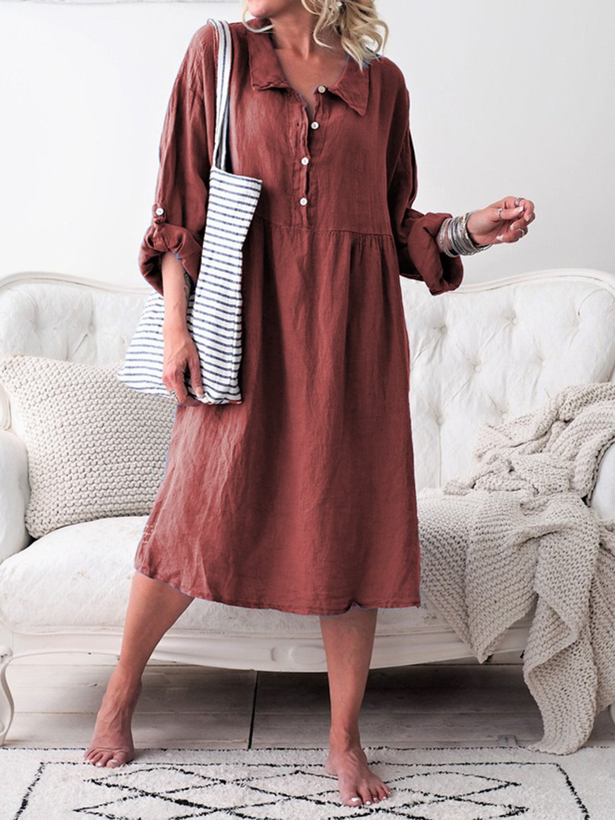 Women Casual Summer Dress Convertible Long Sleeves Buttoned Loose Dresses