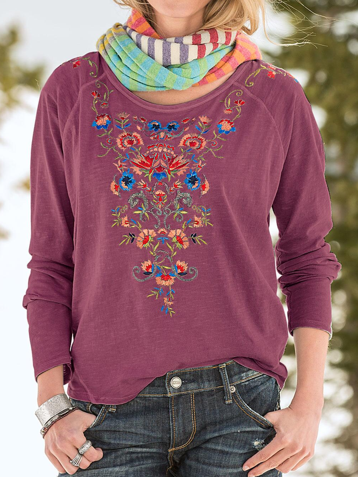 Crew Neck Casual Cotton Floral Shirts & Tops