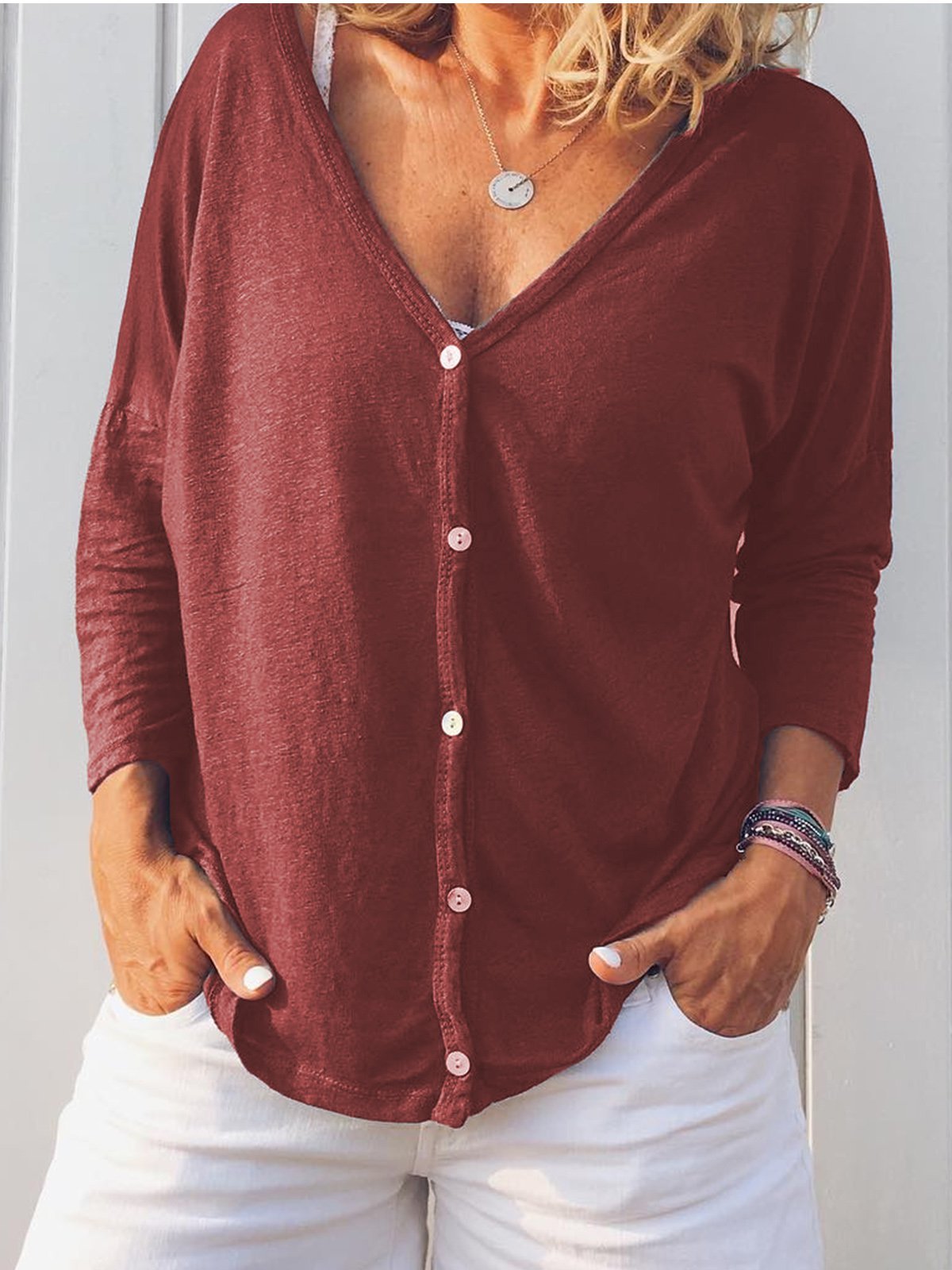 Long Sleeve Sweet Buttoned Cotton Shirts & Tops
