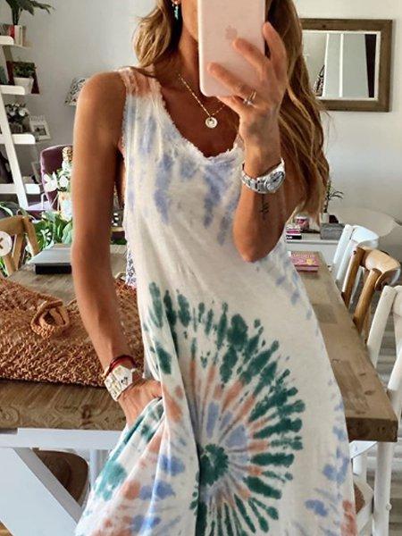 White Sleeveless Ombre/tie-Dye A-Line Cotton Dresses