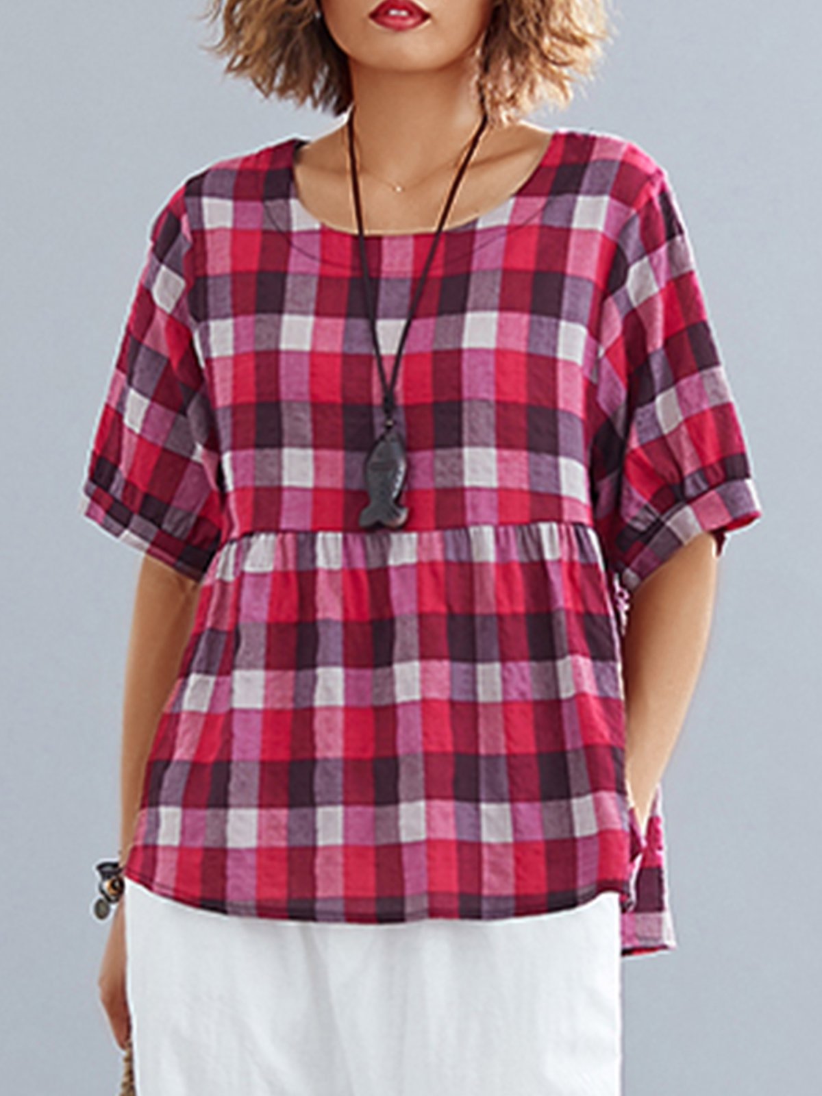 Women Short Sleeve Round Neck Vintage Plaid Floral Casual Tops