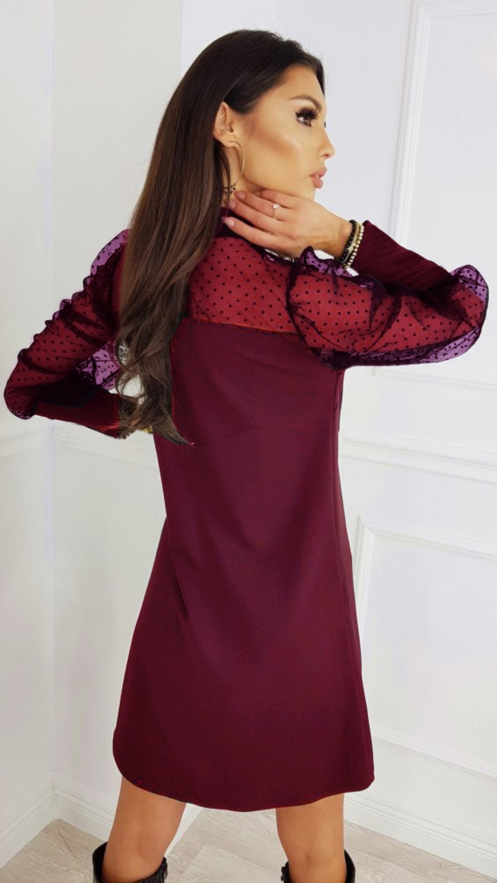 Red Polka Print Long Sleeve A-Line Dress
