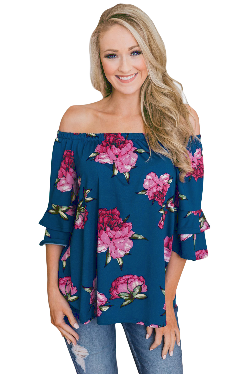Sky Blue Bring on The Floral Off The Shoulder Top