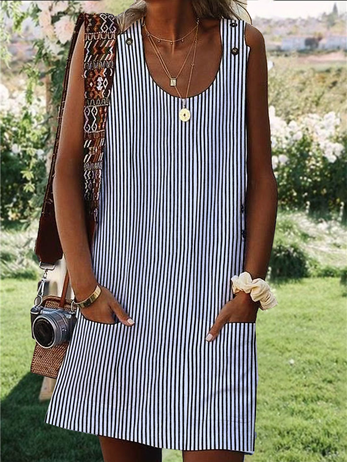 Crew Neck Women Dresses Shift Daily Boho Pockets Striped Dresses