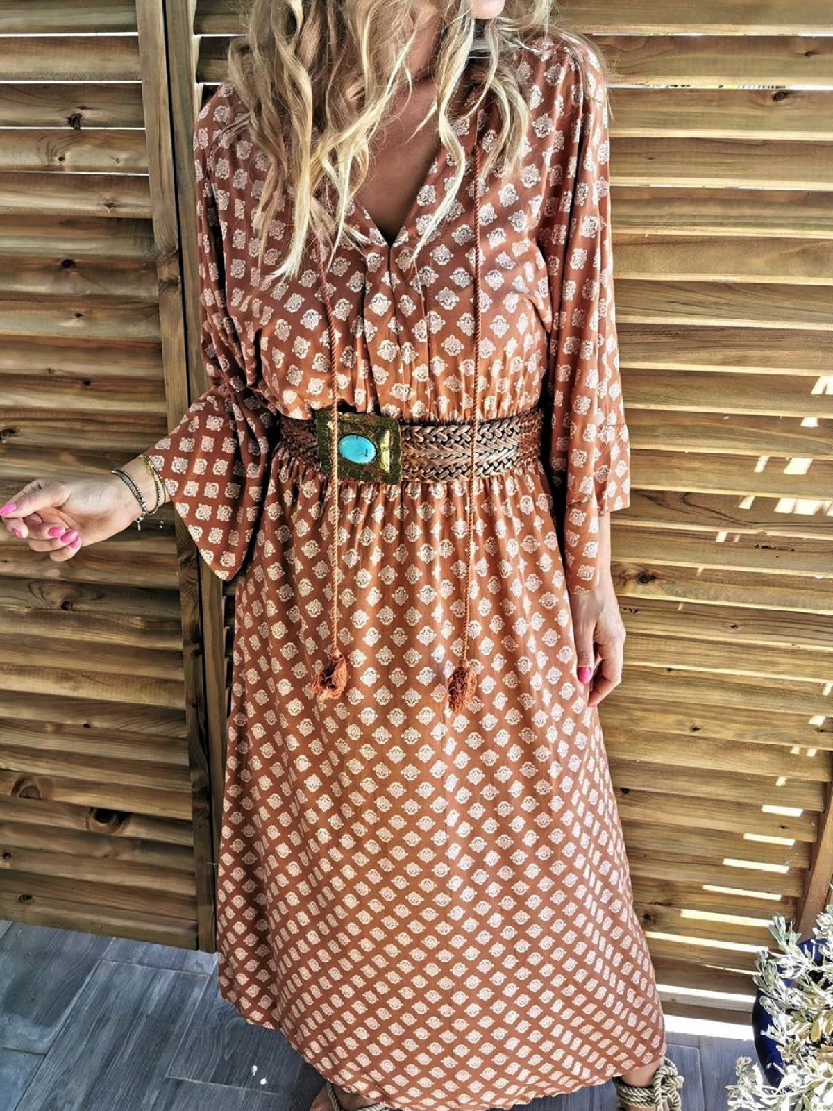 Casual Floral-Print V Neck Dresses