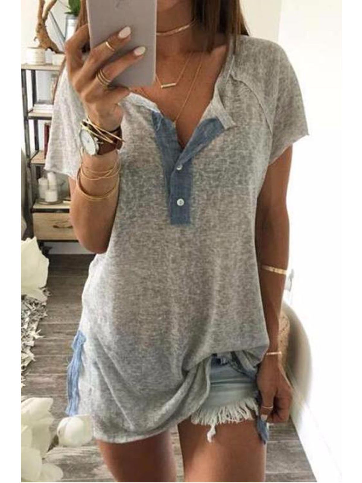 Cotton Solid Short Sleeve V Neck Shirts & Tops