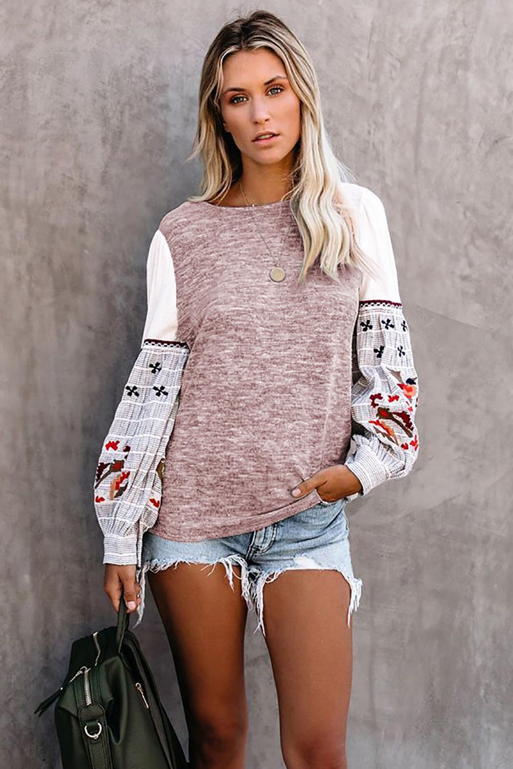 Pink Contrast Printed Sleeve Knit Sweatshirts