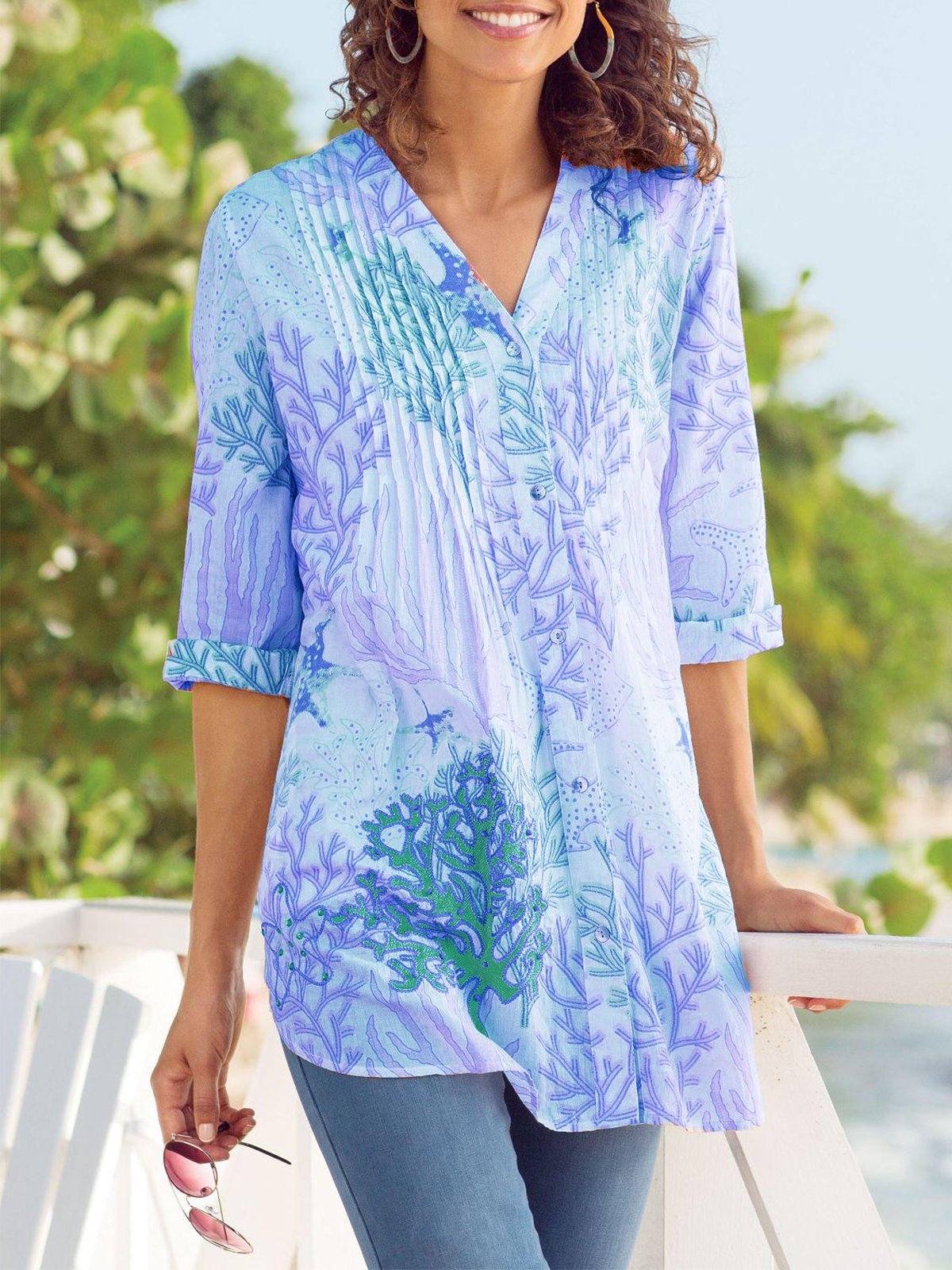 Sweet Printed/dyed Half Sleeve Cotton-Blend Shirts & Tops