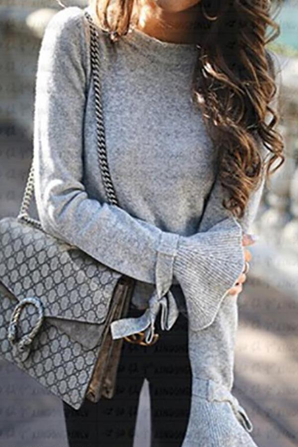 Solid Bell Sleeve Soft Pullover Sweater