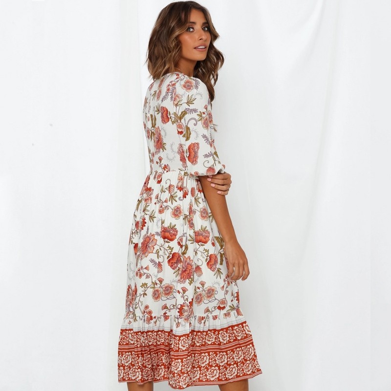 BEFORW Women Summer Boho Dress Sexy V-Neck Half Sleeve Print Long Dress 2019 Ladies Casual Vacation Beach Dresses Vestidos
