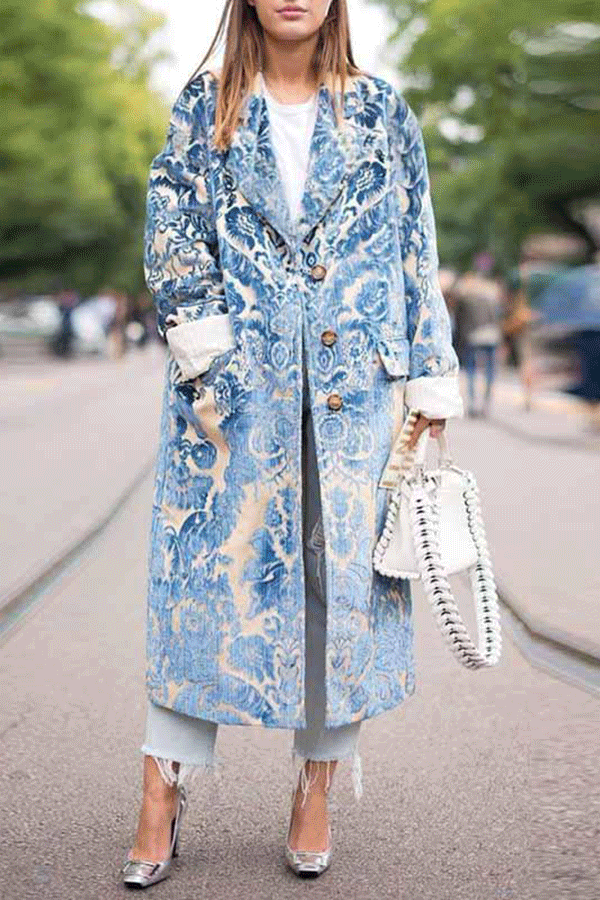 Floral Pattern Printed Long Sleeve Coat