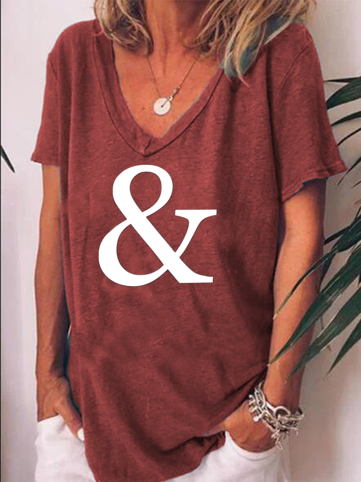 V Neck Printed Cotton-Blend Short Sleeve Shirts & Tops