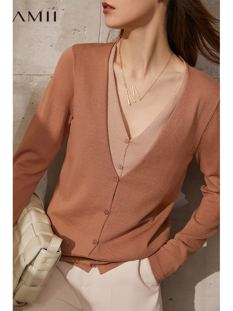 Amii Minimalism Spring New Cardigan For Women Fashion Vneck Patchwork Single Breasted Women's Sweaters Tops 12140131