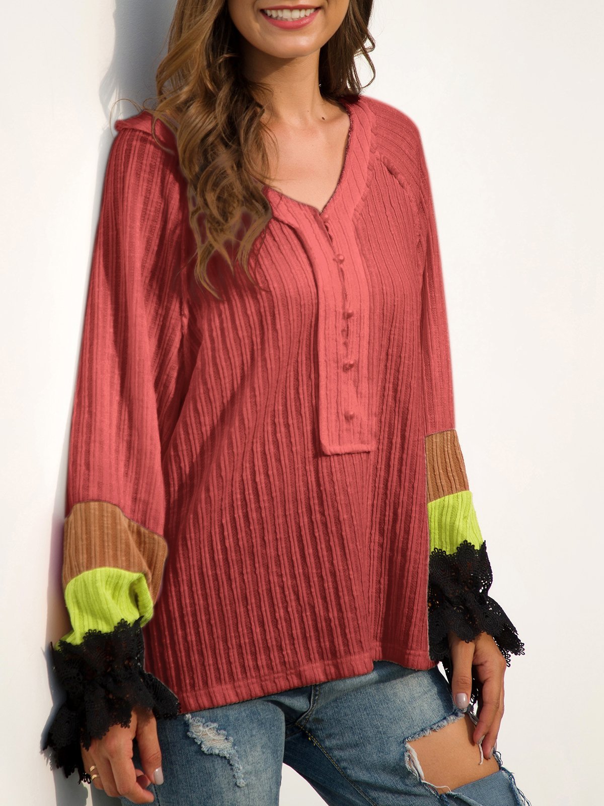 Casual V Neck Long Sleeve Beaded Shift Sweaters