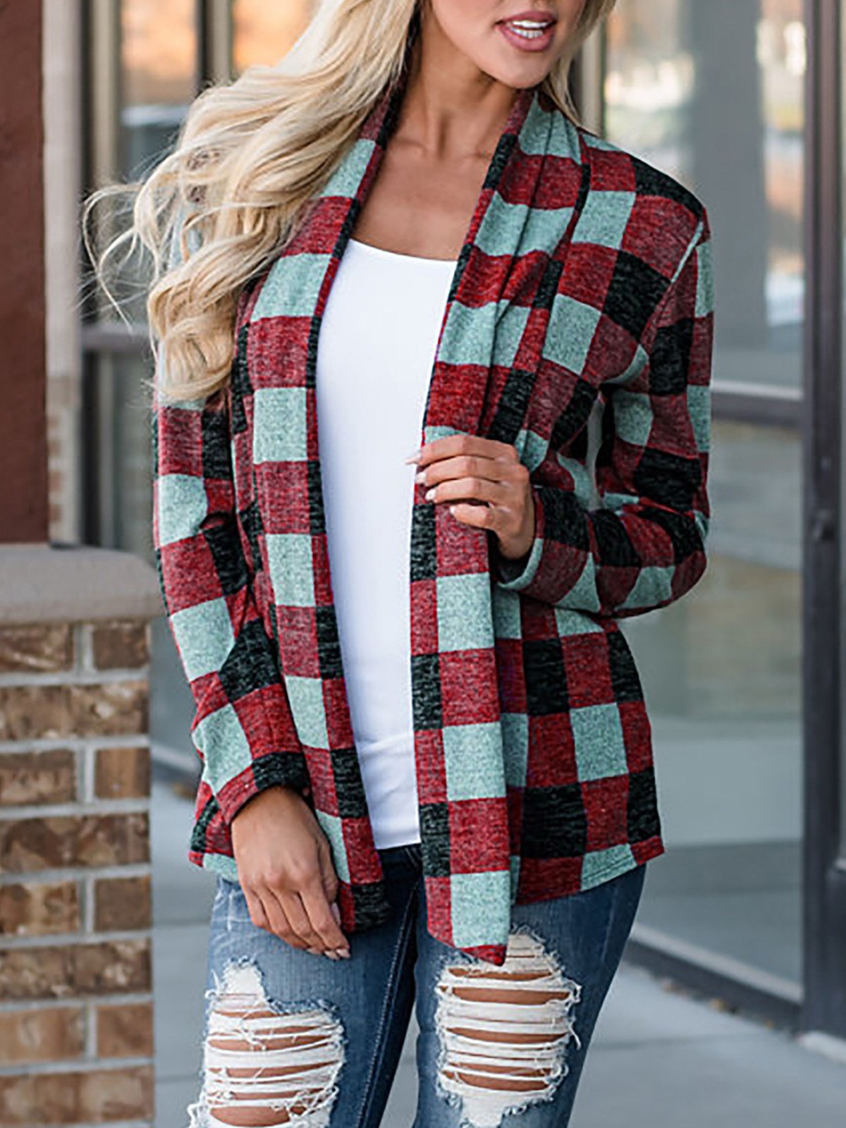 Plaid Patchwork Casual Cardigan