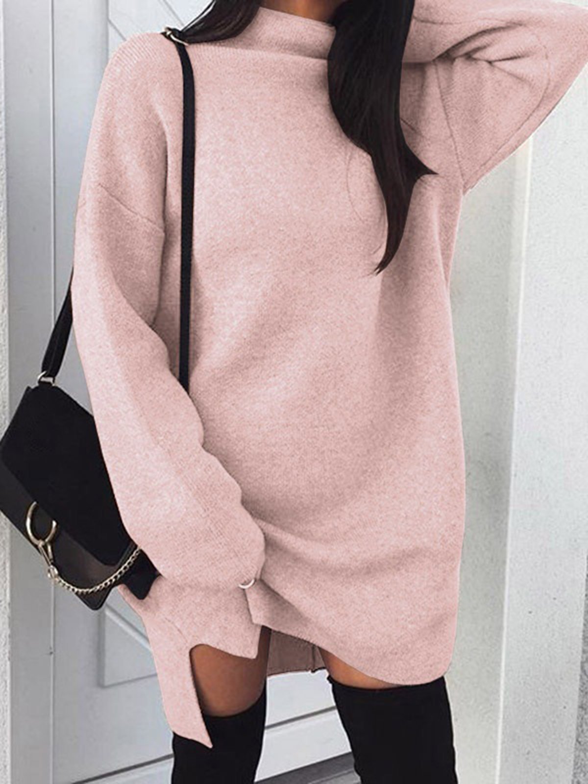 Solid Turtle Neck Casual Fall Dress