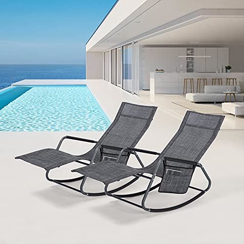 Mansion Home Outdoor Lounge Chairs, Chaise Lounge for Patio & Lawn, Pool Lounge Chairs Set of 2 with Side Pocket, Dark Grey