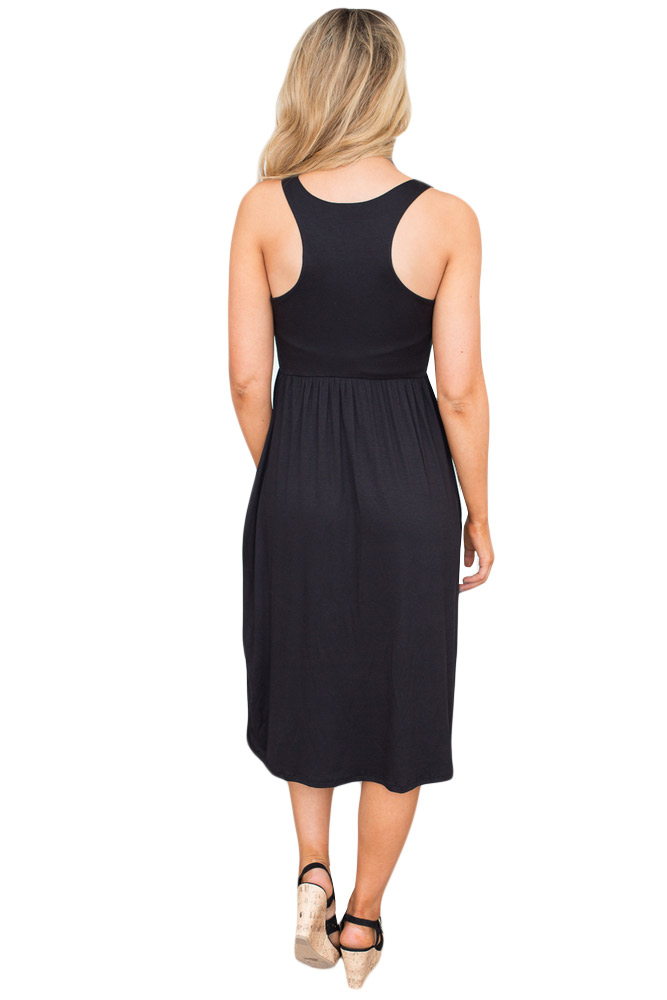 Solid Racerback Midi Jersey Dress in Black