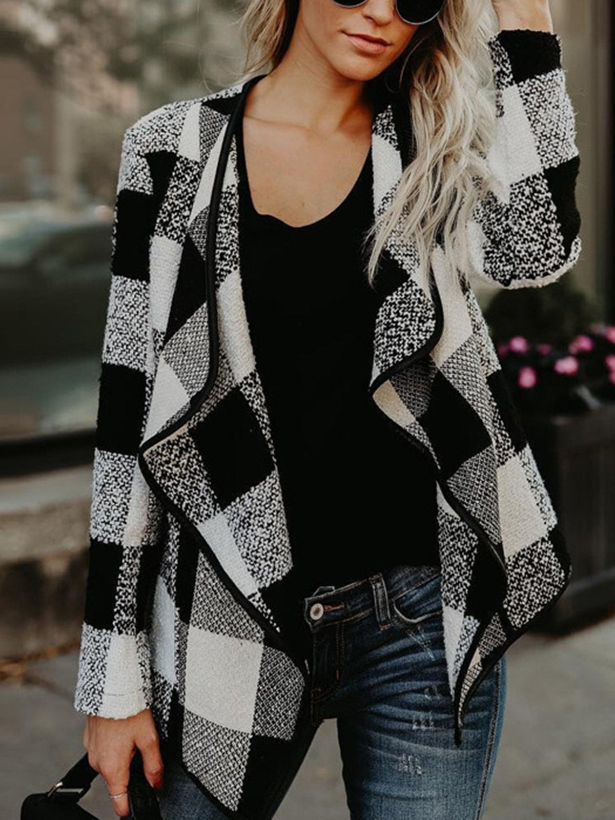 Autumn & Winter New Plaid Loose Turn-down Collar Long Sleeve Woolen Coat Outwear