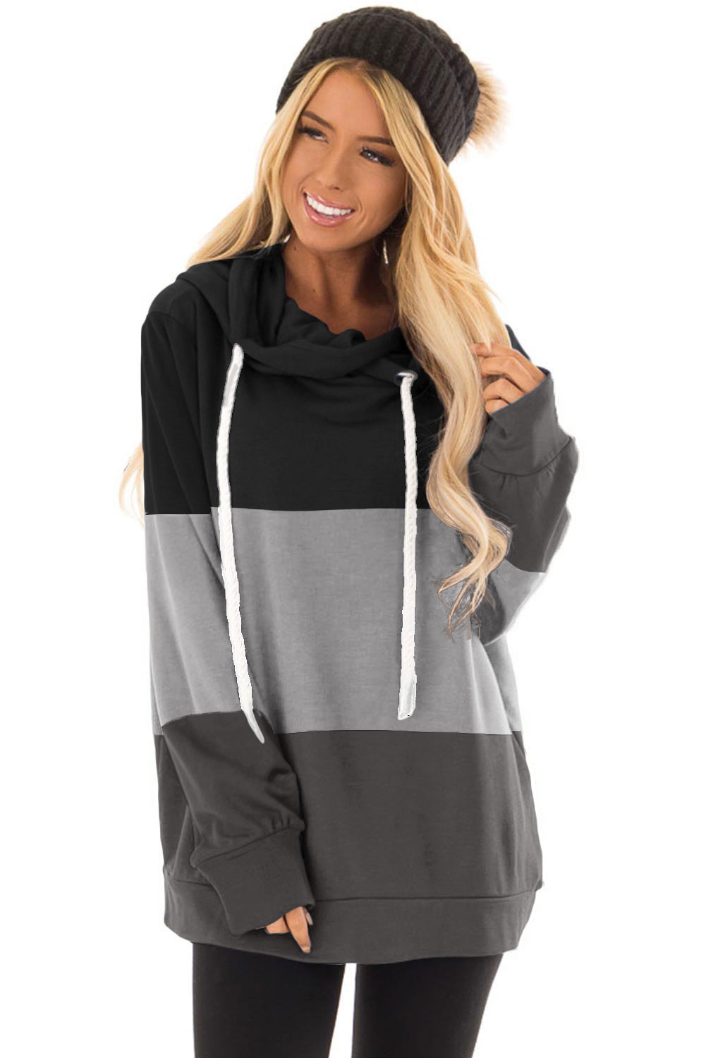 Black Color Block Pullover Hooded Sweatshirt