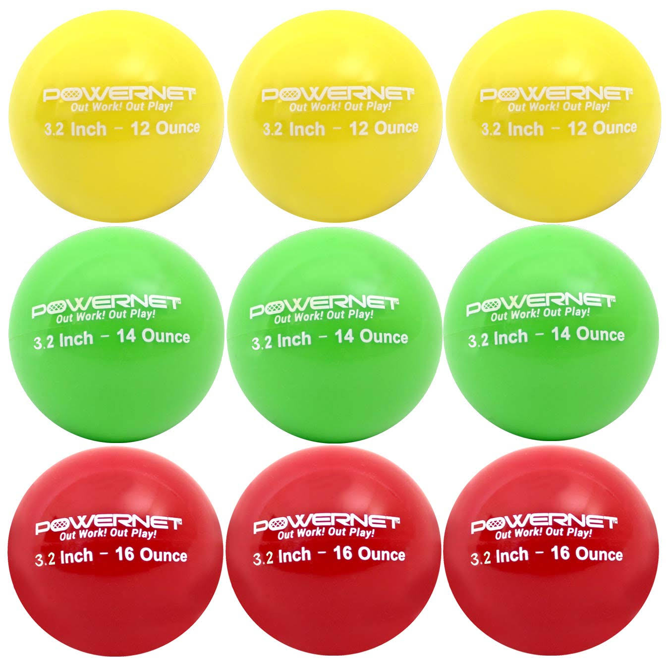 Powernet 3.2x22 Weighted Hitting Batting Training Balls 9 Pack Lite 12, 14, 16 oz