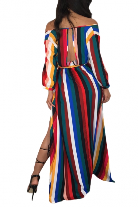 size&other&color duo Rainbow Striped Off Shoulder Belted Maxi Jumpsuit