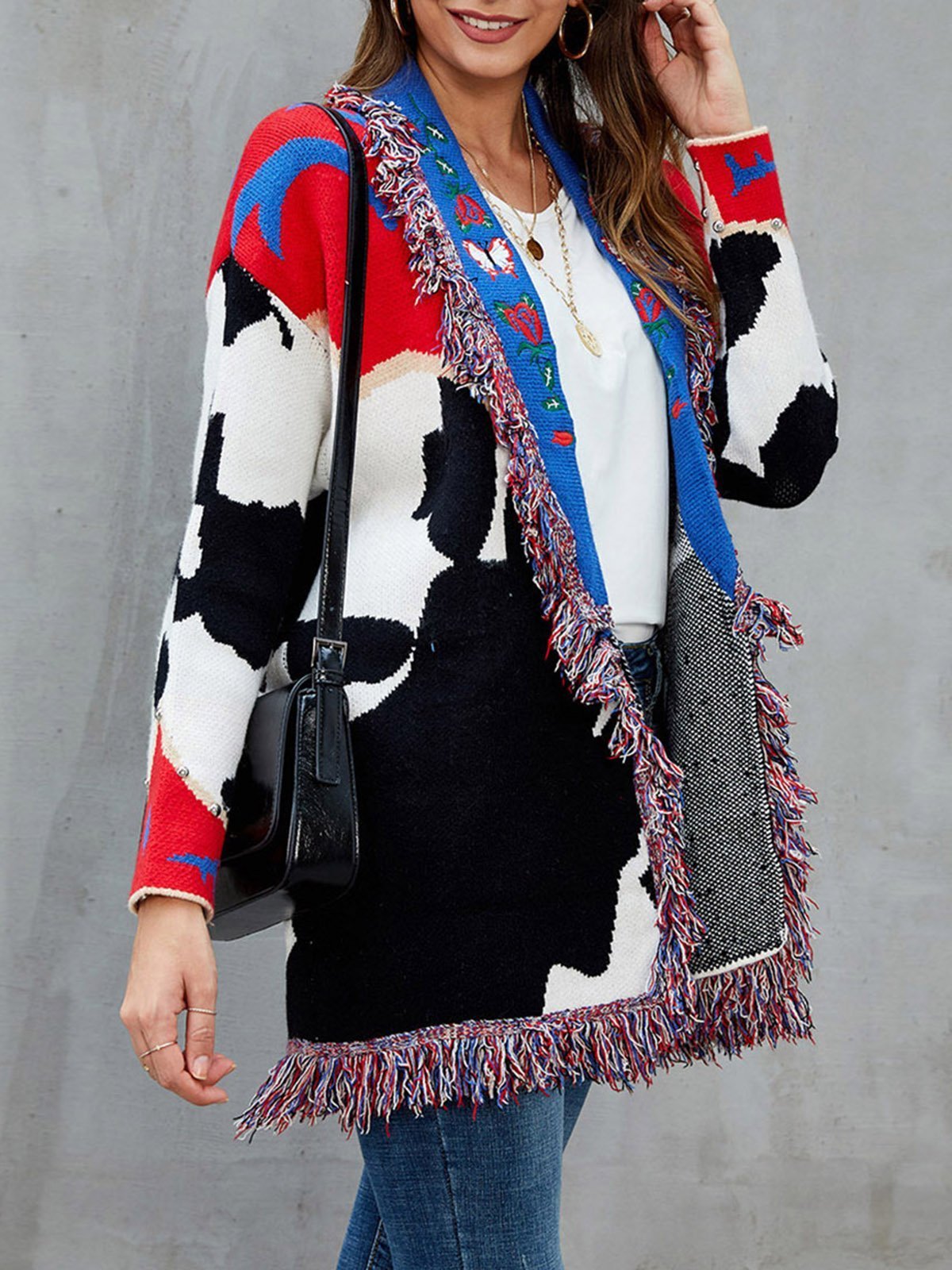 Red Shawl Collar Fringed Embroidered Cardigan