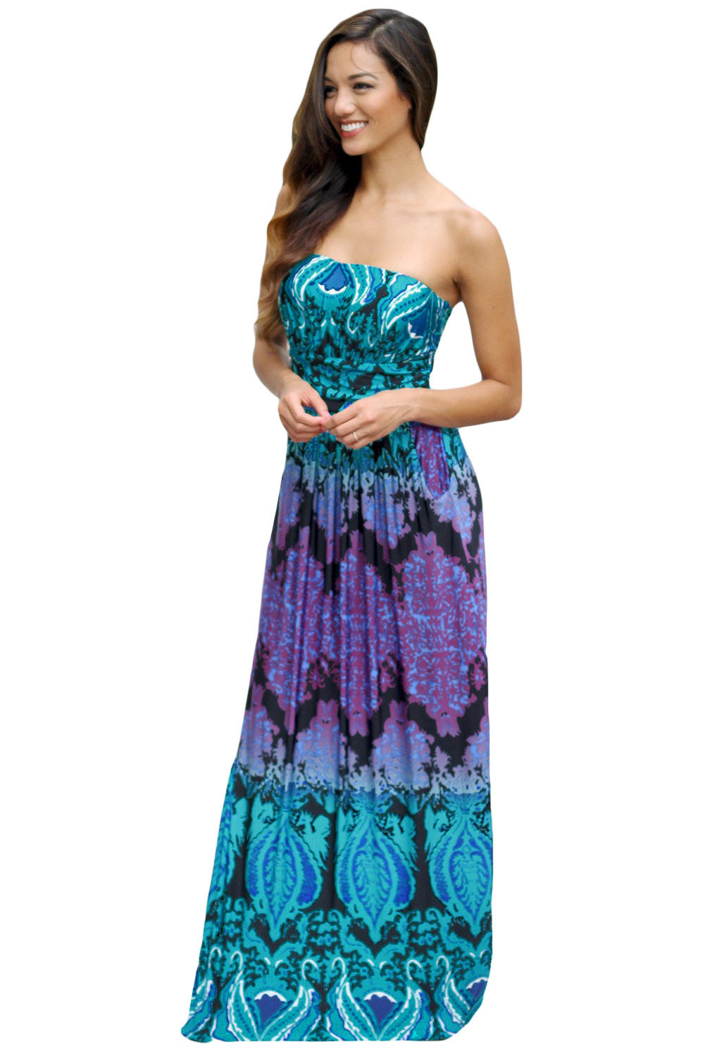 Aqua Purple Strapless Maxi Dress with Pockets