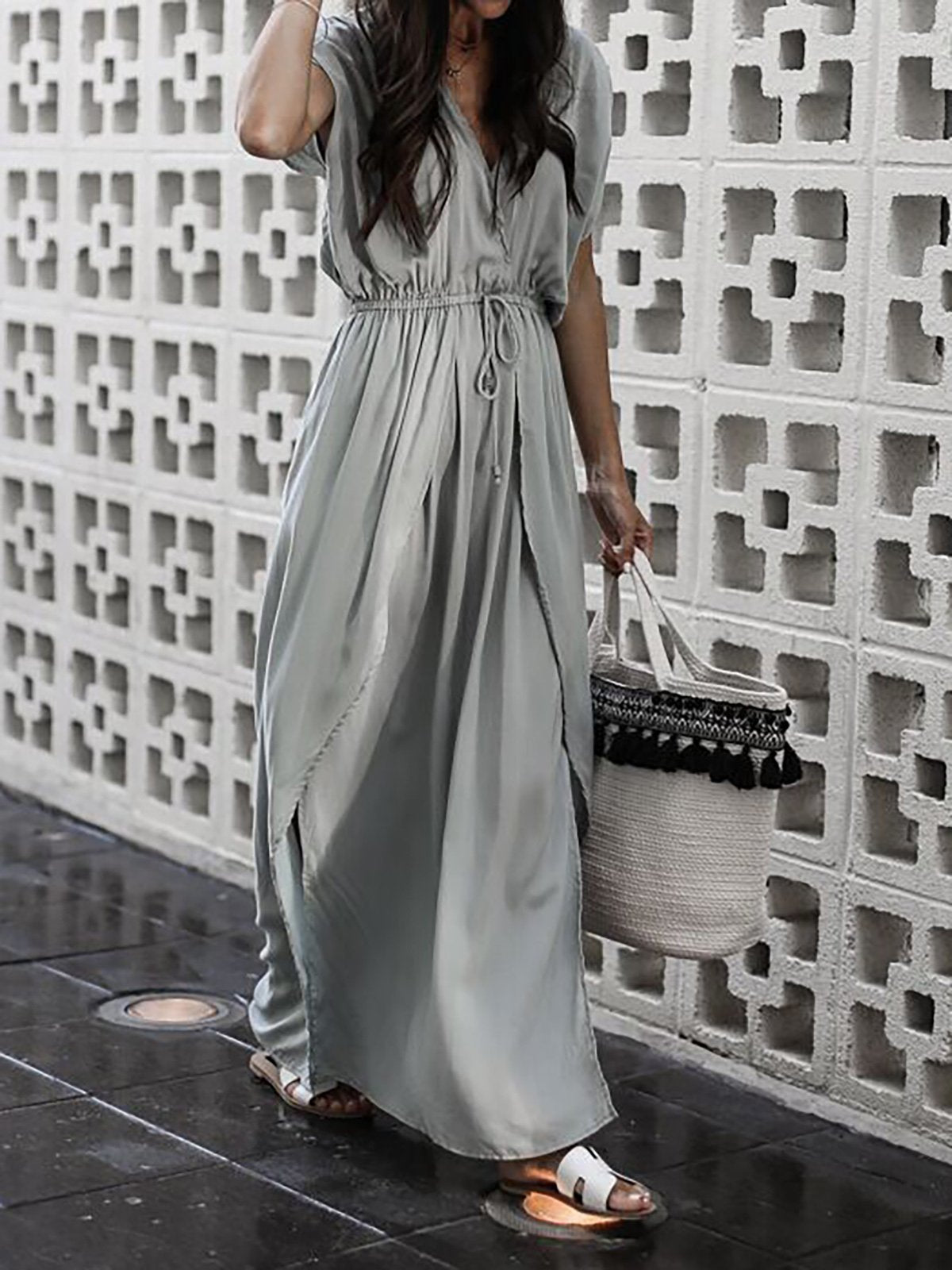 Gray Basic V Neck Beach Dress