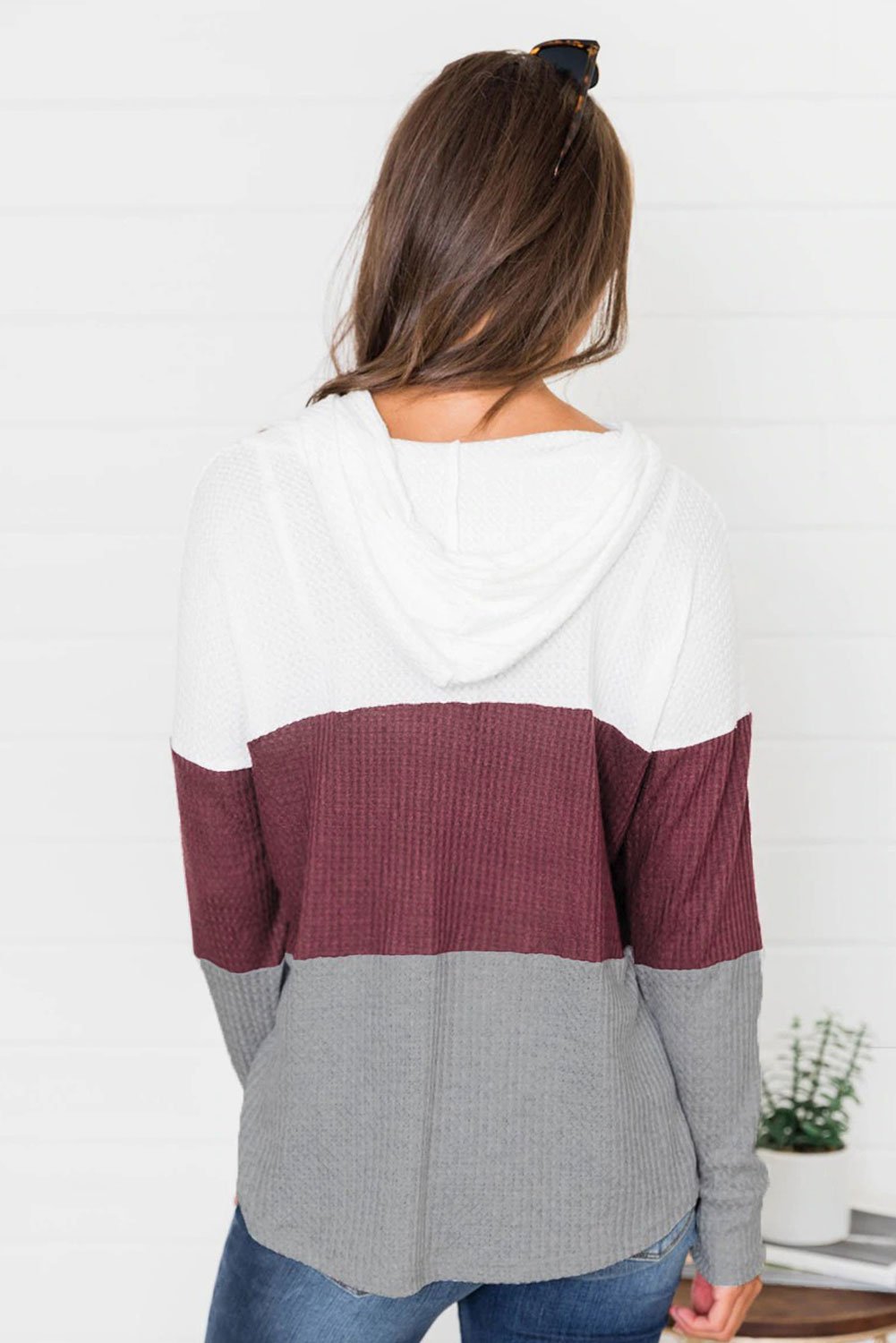 Red Color Block Drawstring Thumbhole Hoodie