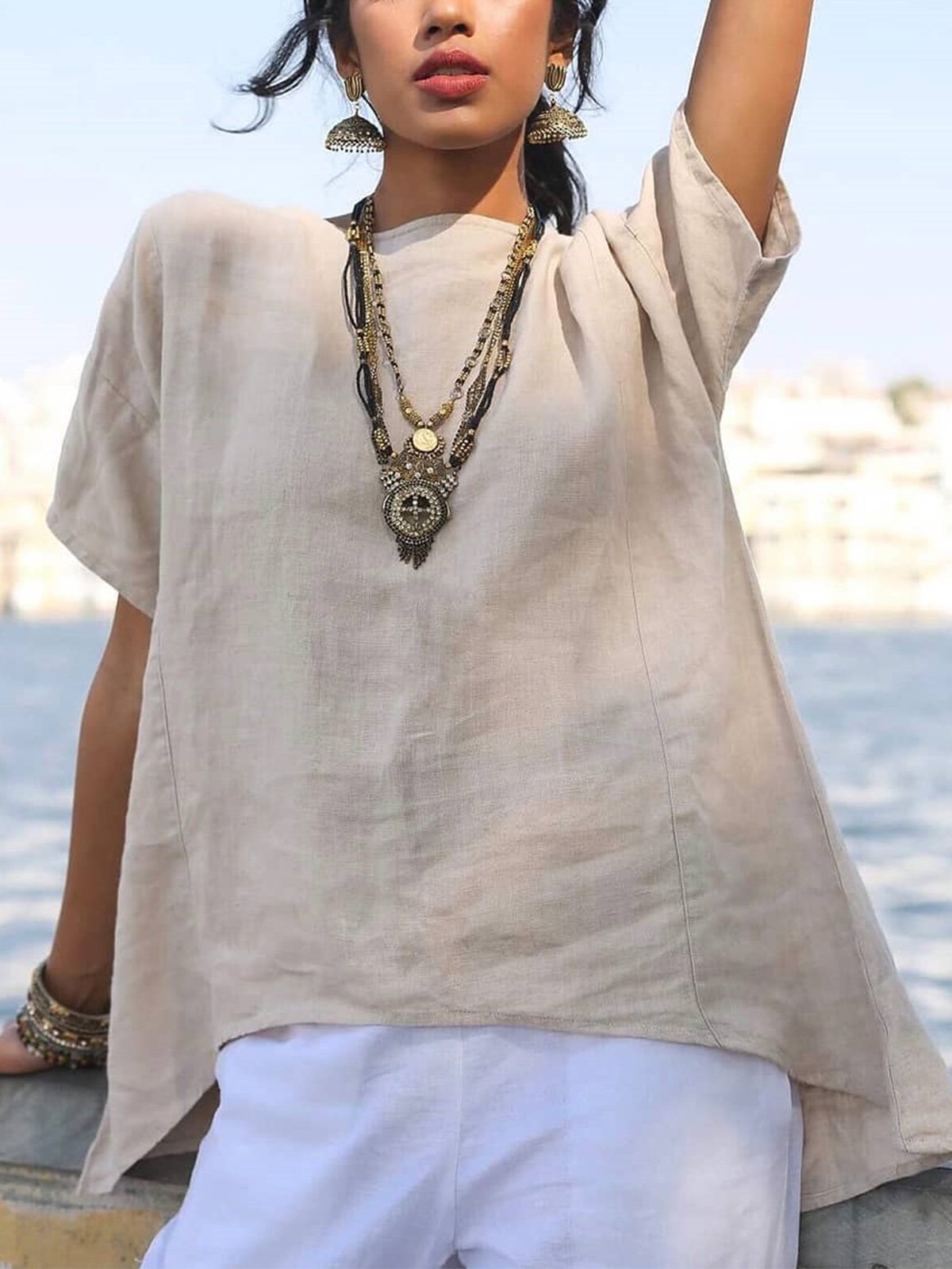 Women  Solid  Short  Sleeve Loose Casual Top