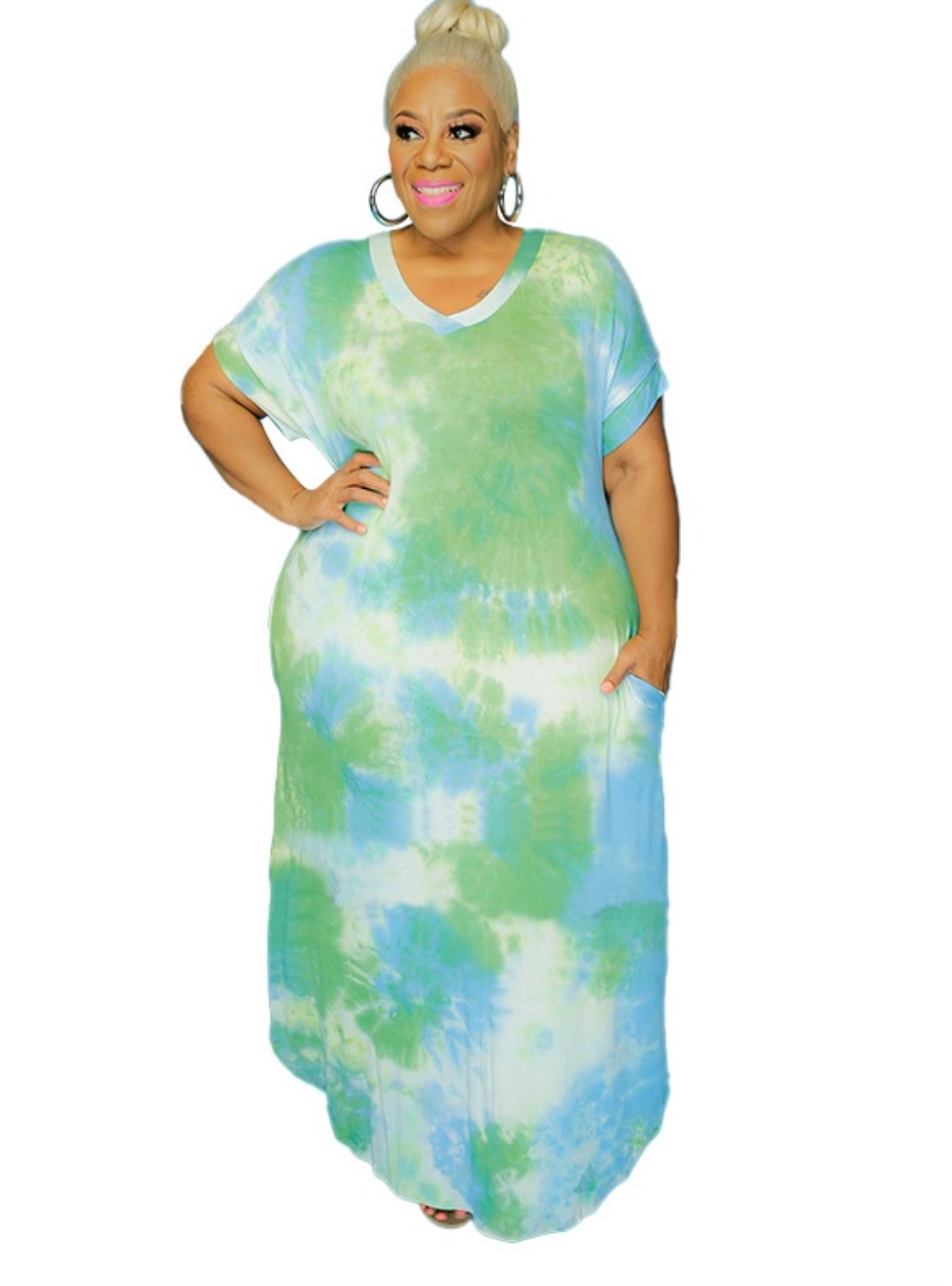 Plus Size Summer Tie Dye Pocket Long Dress