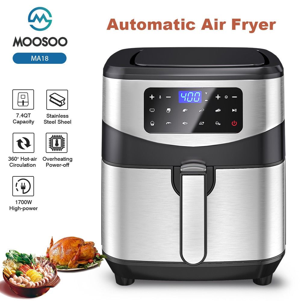 Air Fryer 7.4 QT XL Capacity, 10-in-1 Electric Air Fryers Oven, 1700W Stainless Steel Airfryer with Digital Screen