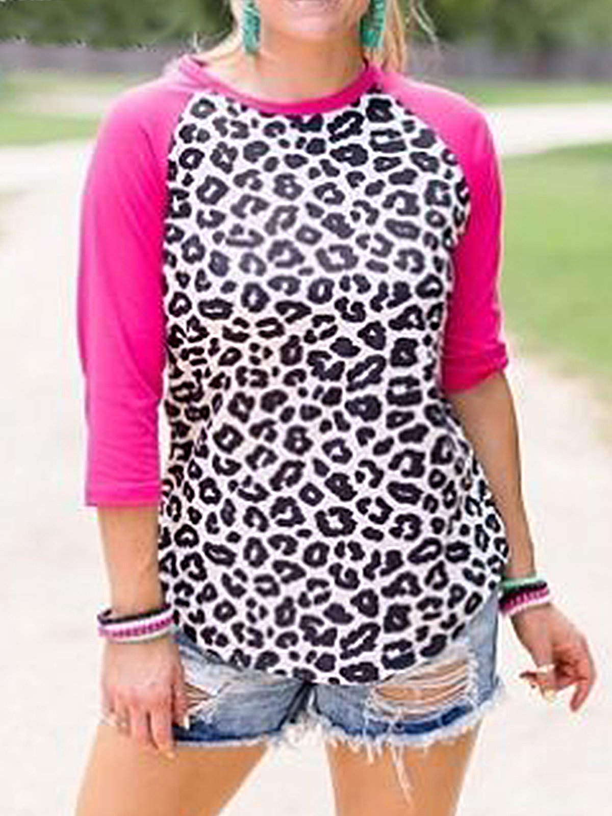 Jersey Crew Neck 3/4 Sleeve Paneled Shirts & Tops