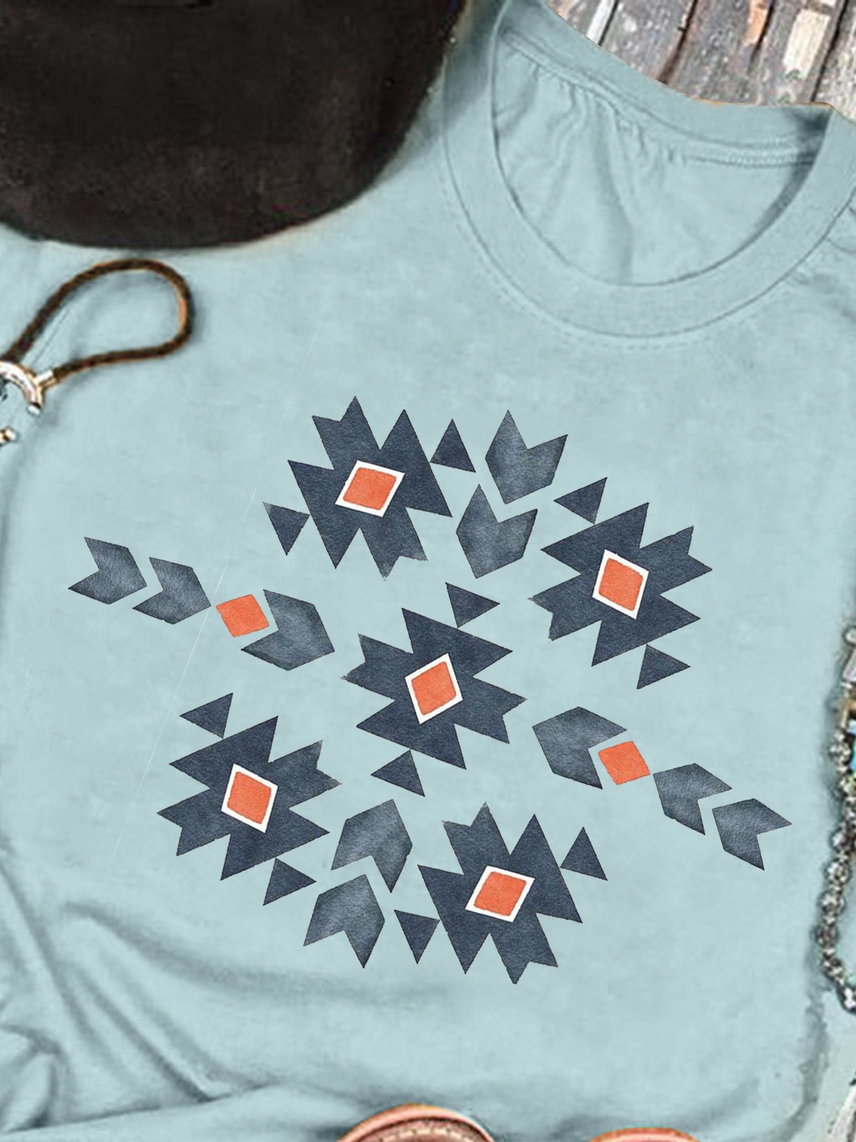 Blue Short Sleeve Shift Crew Neck Tribal Shirts & Tops