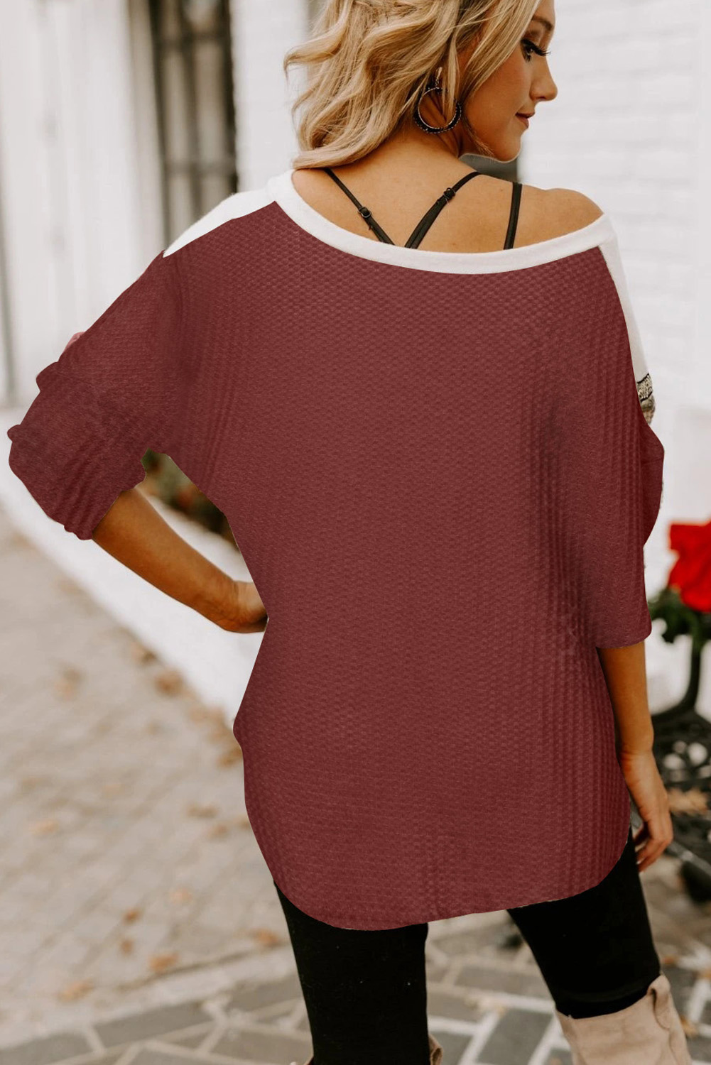 酒红色时尚拼色亮片V领套头长袖上衣