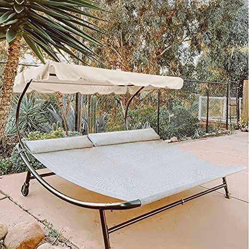 Abba Patio Double Chaise Lounge Outdoor with Adjustable Canopy and Pillow Extra Large Patio Hammock Bed Wheeled for Outside, Sun Room, Garden, Courtyard, Pool, 6.6��L x 6.5��W, Cream