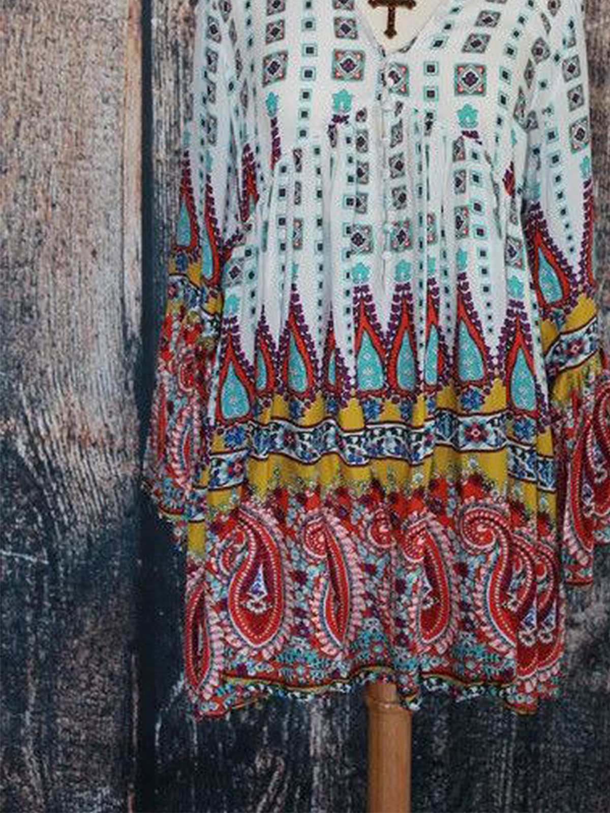 Casual Long Sleeve Paisley V Neck Dresses