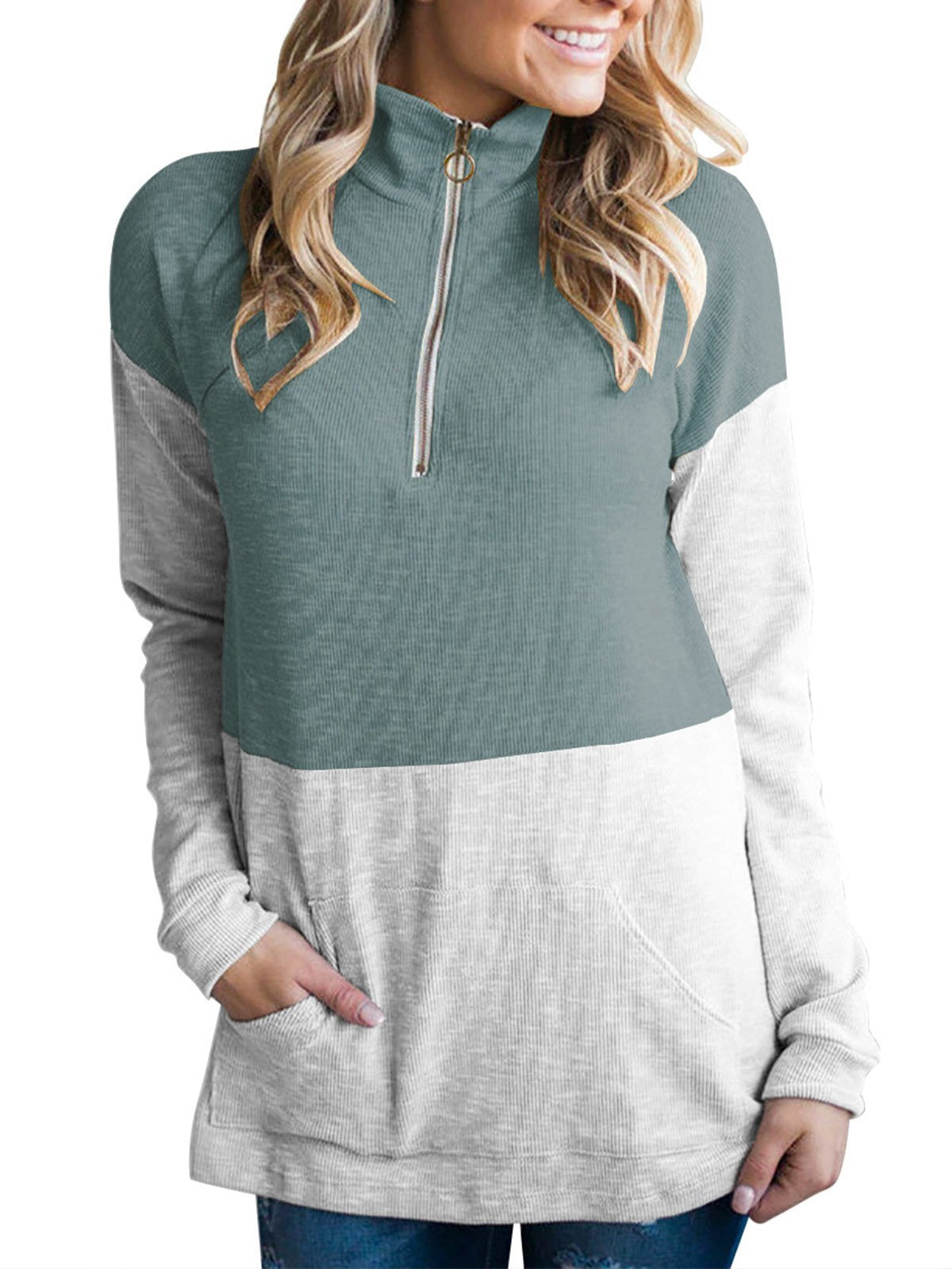 Stand-Up Neck Long Sleeve Solid Color-Block Sweatshirts
