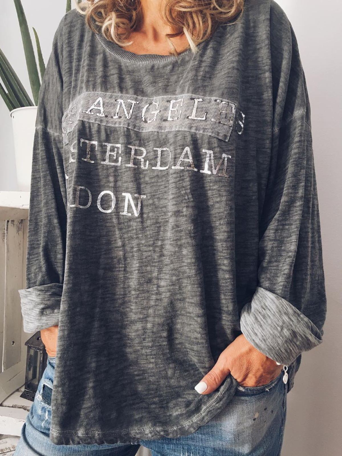 Plus Size Casual Crew Neck Long Sleeve Printed Tops