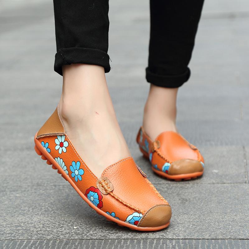 Large Size Floral Print Split Leather Casual Flats