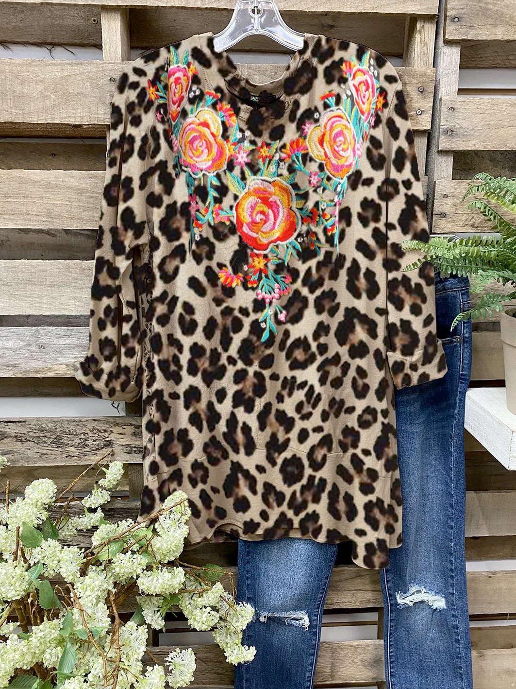 Long Sleeve Vintage Jersey Leopard Shirts & Tops