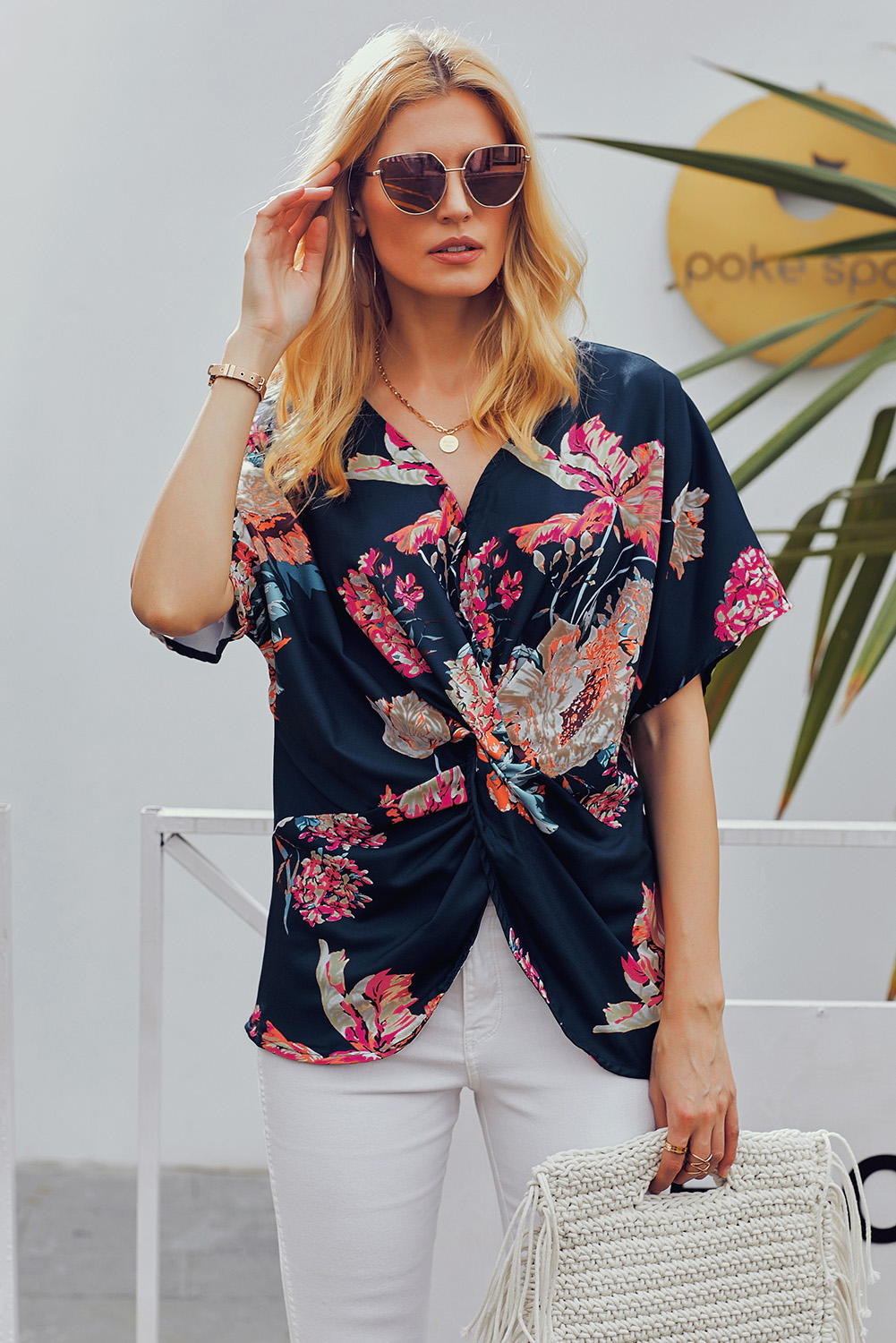 Blue Amaryllis Floral Twist Top