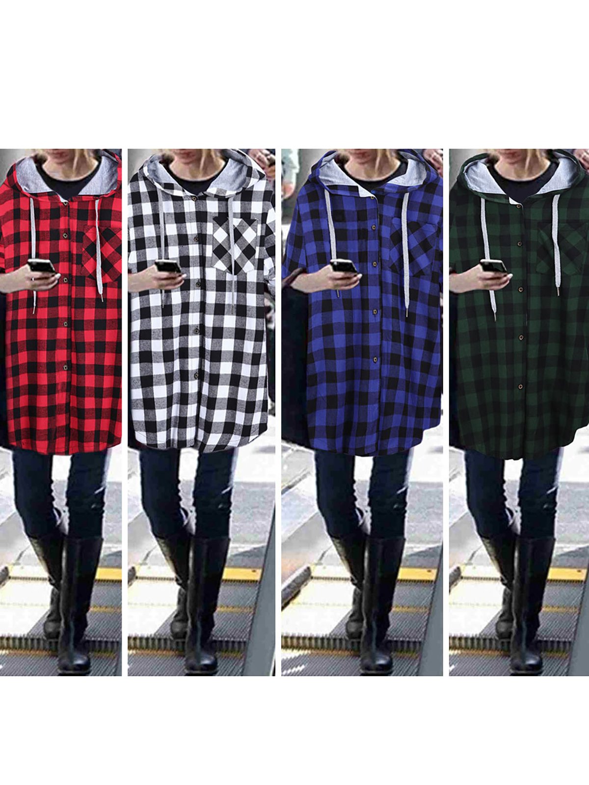 Gingham Checkered Buttoned Casual Open Hoodie Coat