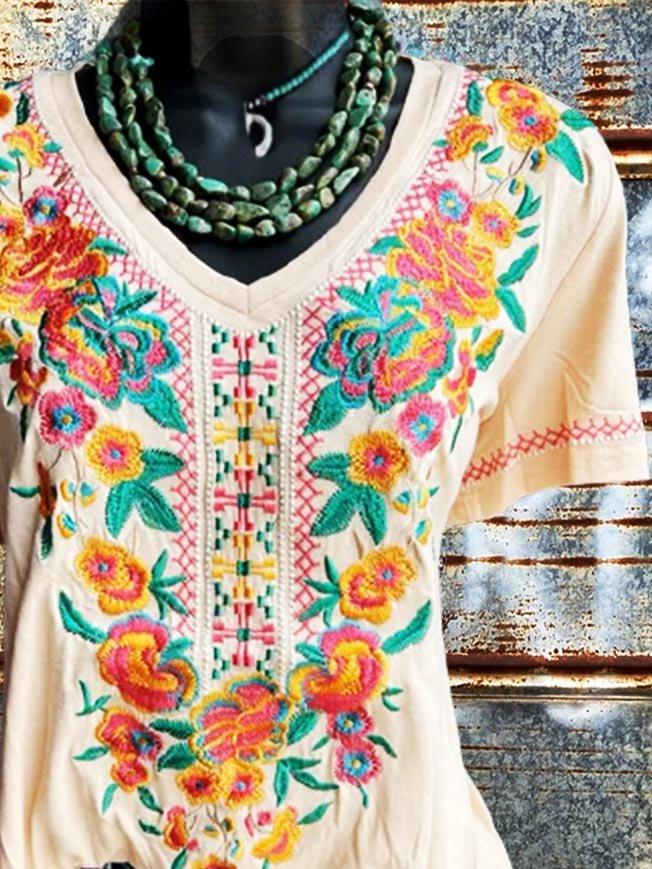 V Neck Casual Short Sleeve Floral Shirts & Tops