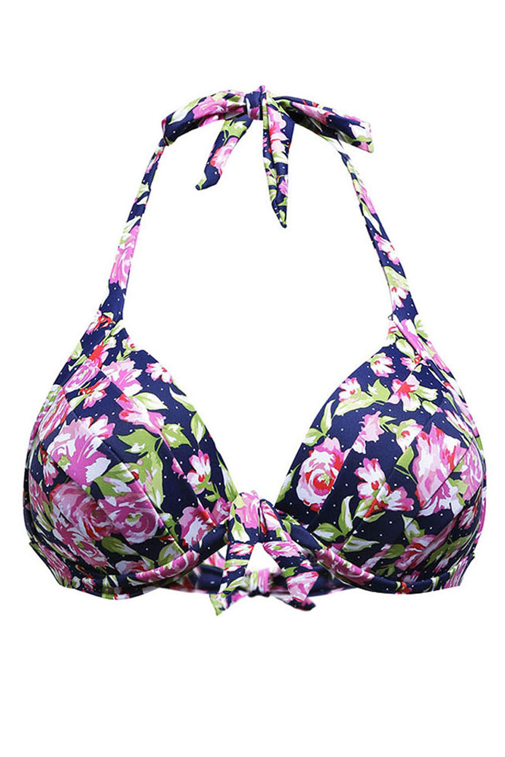 Floral Print Navy Retro Tie Front Bikini Top