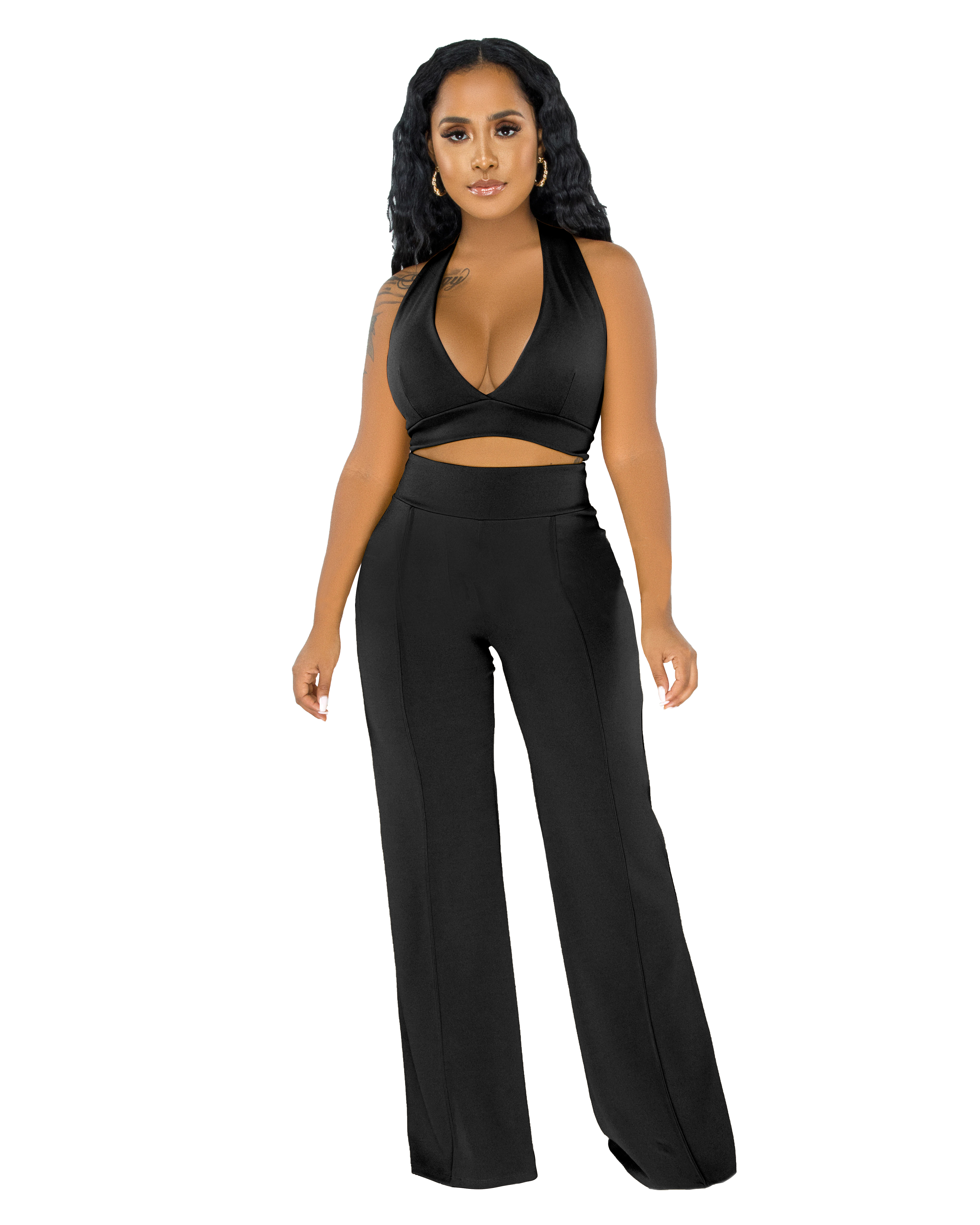 Summer Party Solid Color Halter Crop Top and High Waist Pants Set