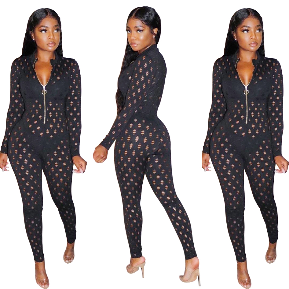 Black Sexy Hollow Out Zipper Jumpsuit with Sleeves