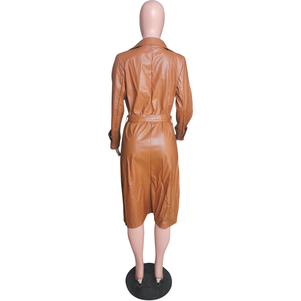 Winter Khaki Leather Long Coat with Matching Belt