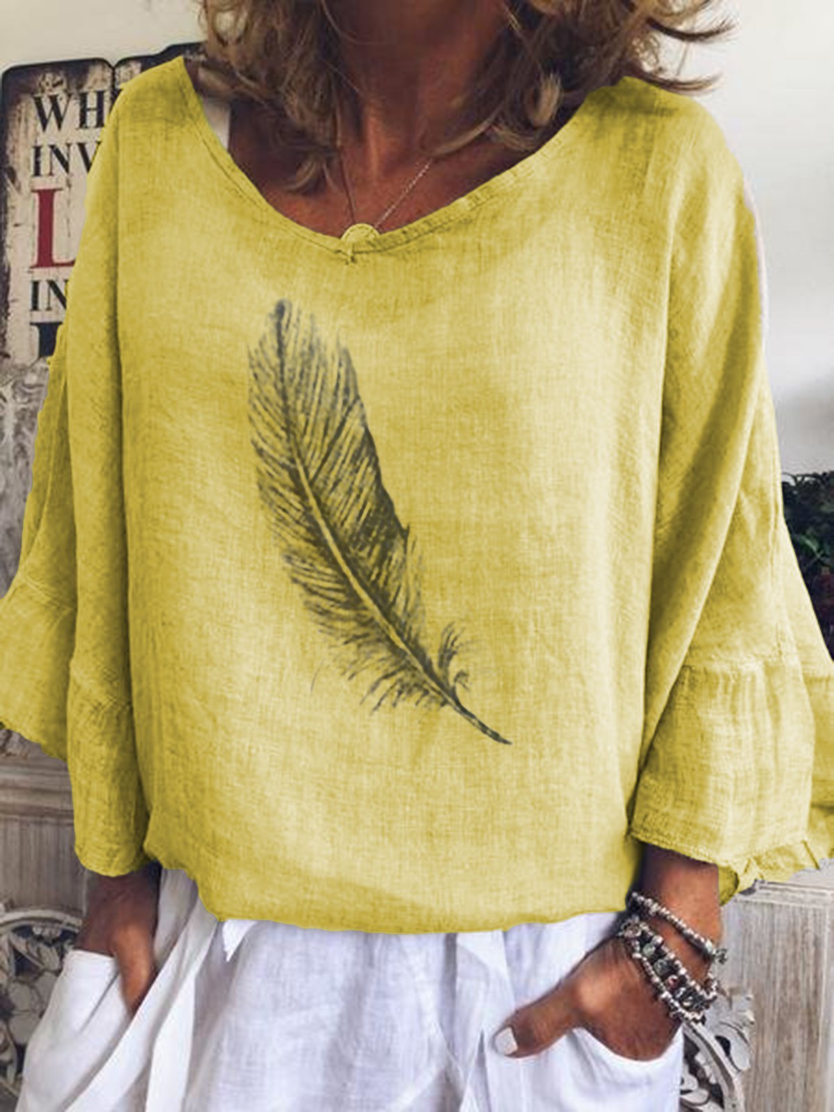 Casual Feather Printed 3/4 Sleeve Long Sleeve Blouse